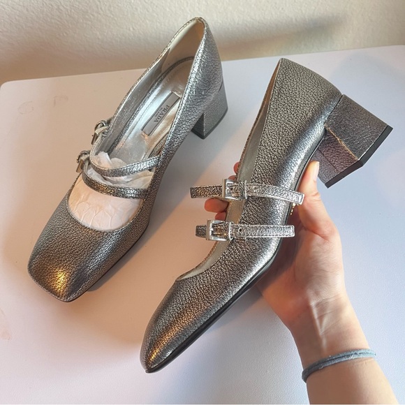 NWT | PRADA Silver Mary Jane Heels Square Toe Madras Fume Argentina 38.5 - Picture 1 of 9
